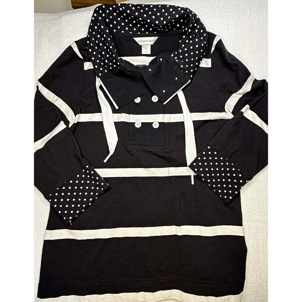 Christopher & Banks Women's Black White Striped Polka Dot Collared Blouse S
